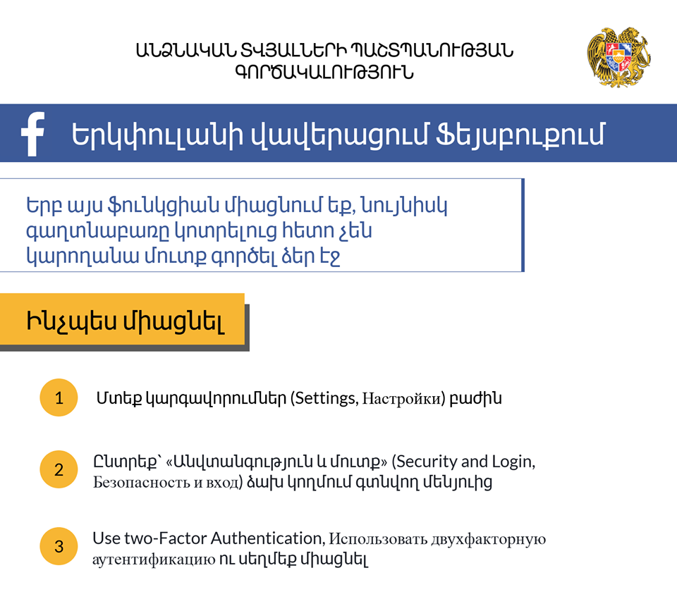 «Ֆեյսբուքի» էջը հարձակումներից պաշտպանելու համար խորհուրդ ենք տալիս միացնել երկփուլանի վավերացում ֆունկցիան. Armenian PDPA