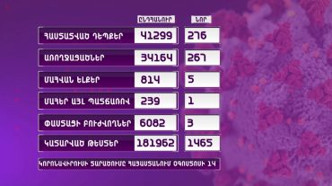 ՀՀ-ում կորոնավիրուսի դեպքերն ավելացել են 276-ով, 267 պացիենտ առողջացել է, 5-ը՝ մահացել