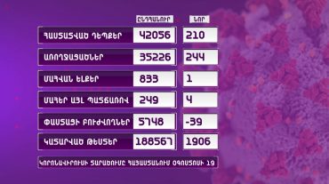 ՀՀ-ում գրանցվել է կորոնավիրուսով վարակման 210 նոր դեպք, 244 առողջացում, 1 մահ