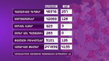 Հայաստանում գրանցվել է կորոնավիրուսի 257 նոր դեպք, 128 պացիենտ առողջացել է