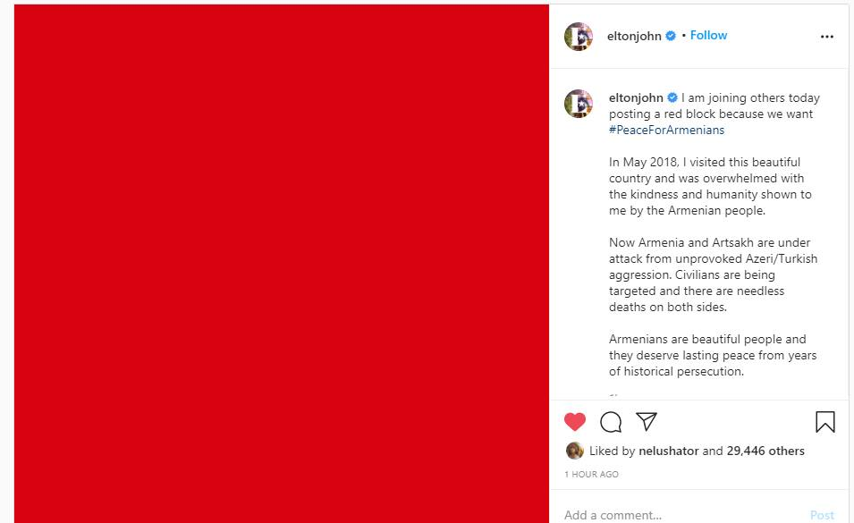 Էլթոն Ջոնը սատարել է հայերին՝ Instagram-ում տեղադրելով red block