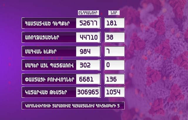 Հայաստանում գրանցվել է կորոնավիրուսի 181 նոր դեպք, 7 մահ