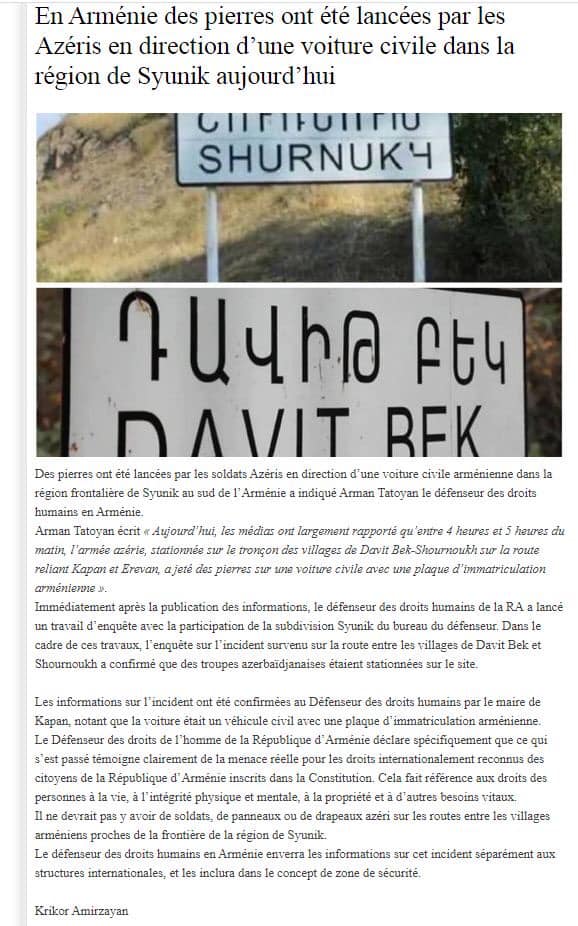 Nouvelles d’Arménie-ի անդրադարձը ՄԻՊ-ի՝ Սյունիքում ադրբեջանական զինվորականների կողմից հայկական պետհամարանիշով մեքենայի ուղղությամբ քարեր նետելու հայտարարությանը