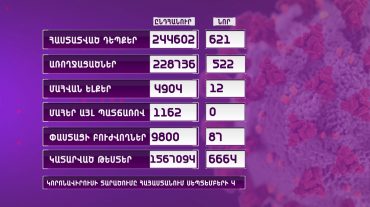 Հայաստանում հաստատվել է կորոնավիրուսային հիվանդության 621 նոր դեպք
