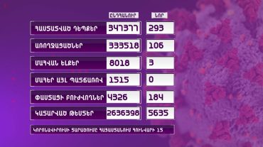 Հայաստանում գրանցվել է կորոնավիրուսի 293 նոր դեպք, 3 մահ