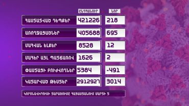 Հայաստանում հաստատվել է կորոնավիրուսի 218 նոր դեպք. 12 մարդ մահացել է