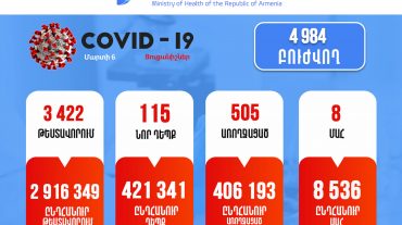 Հայաստանում հաստատվել է կորոնավիրուսի 115 նոր դեպք, 8 մահ