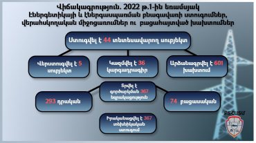 Վիճակագրություն․ 𝟐𝟎𝟐𝟐 թ. 𝟏-ին եռամսյակում Էներգետիկայի և էներգասպառման բնագավառի ստուգումներ, բացահայտված խախտումներ